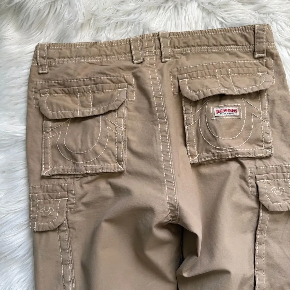 True Religion Big T Cargo Jogger Mens 34 Beige Khaki  Pockets Pants Drawstring